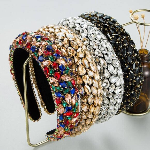 Colorful Rhinestone Sponge Headband Vintage Wide Edge Stained Glass Hair Accesso